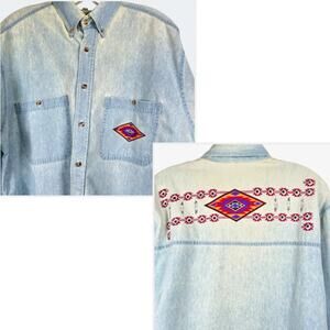 Vintage Denim Shirt Aztec Design Button Up Acid Wash Blue Mens Medium 80s Cowboy
